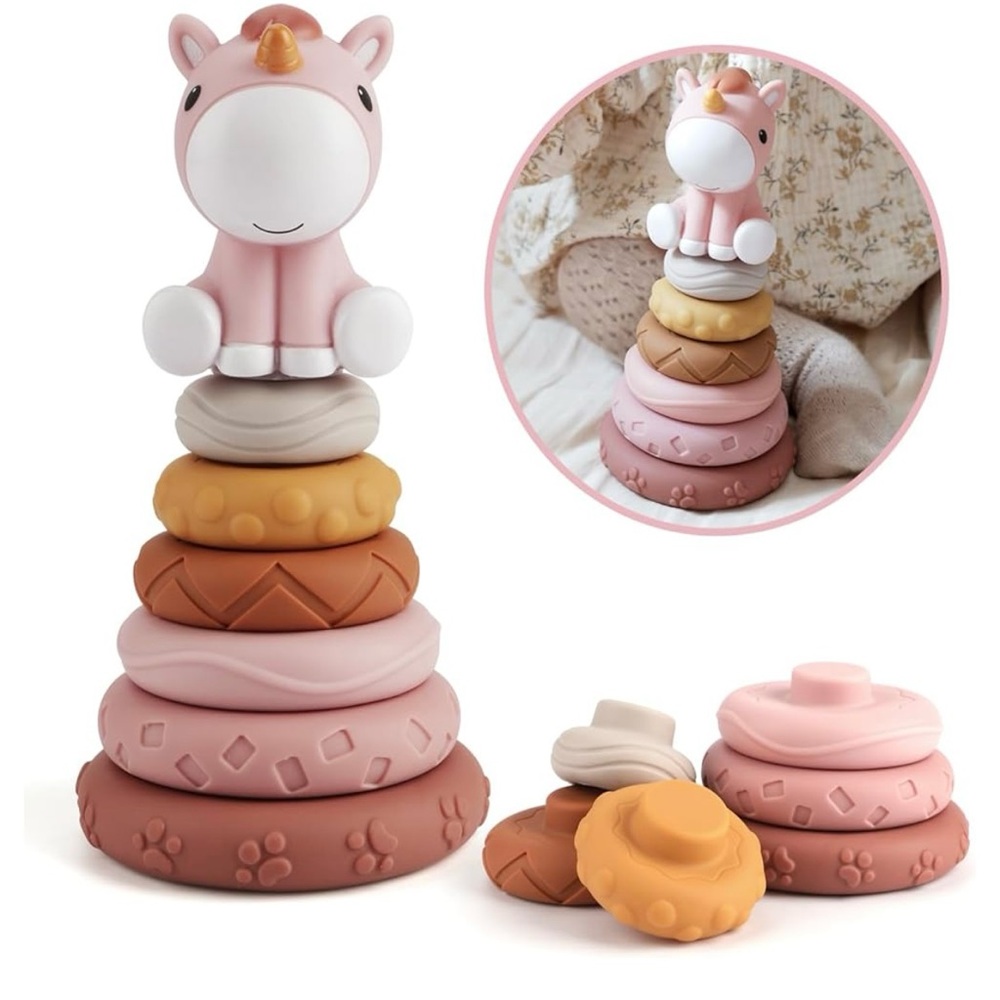 NIB Nueplay 7 Pc Stacking & Nesting Baby Toys, Squeeze Teething & Building Toy